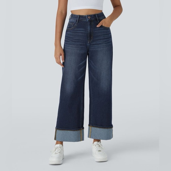 HALARA Flex High Waisted Rolled Hem Wide Leg Jeans In Distressed Denim Dark NWT - Picture 5 of 7